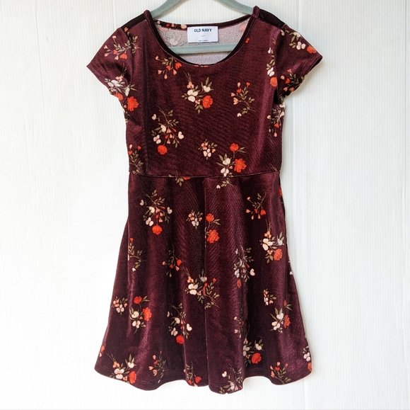 OLD NAVY girls wine floral velvet fit and flare skater dress - Picture 6 of 7